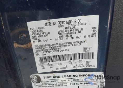 2013 Ford F-150 Xlt из США, поврежденный, VIN 1FTFW1CF3DFD25565